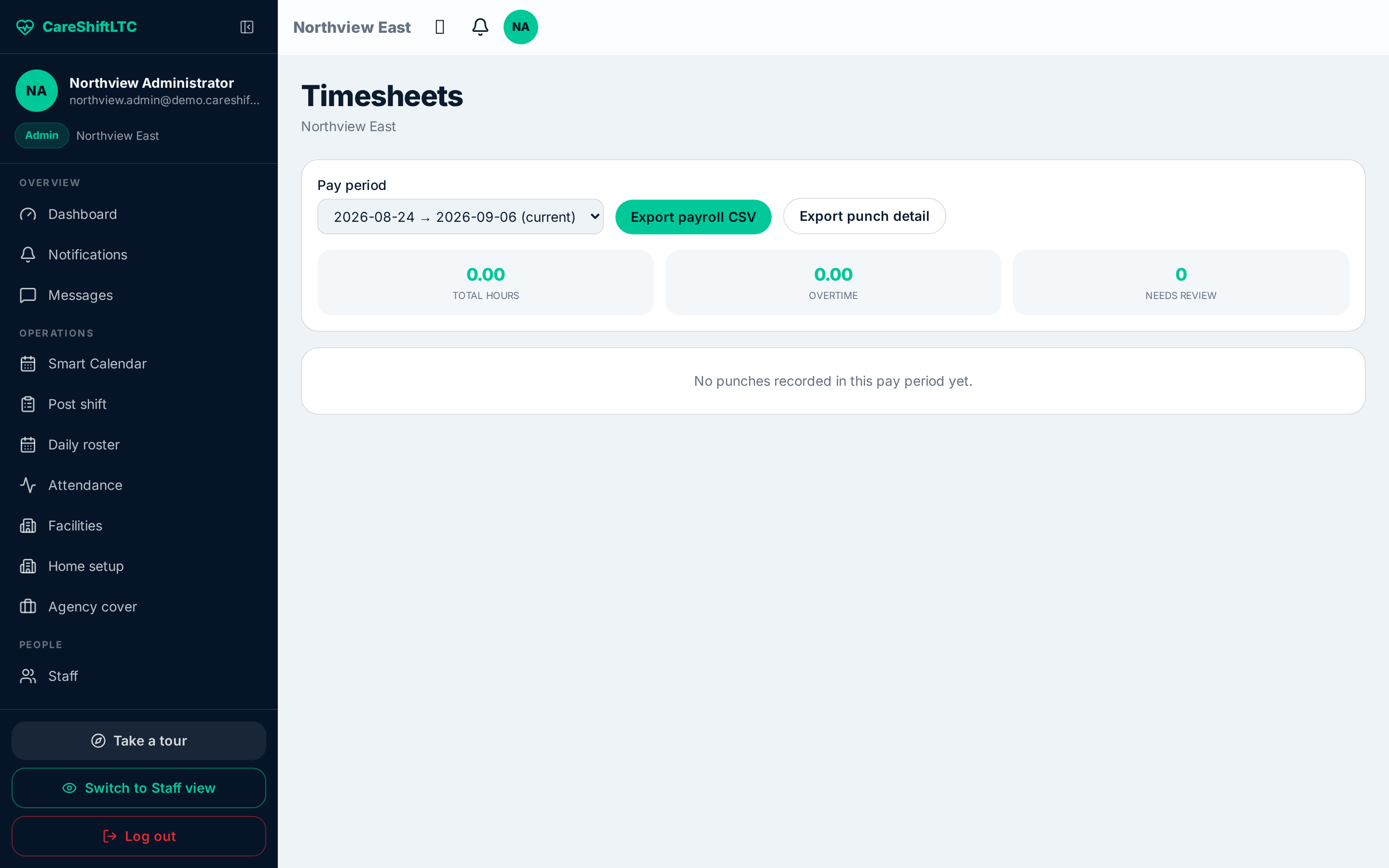 Timesheets screen